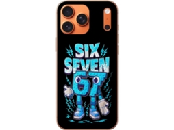 Capa Para Celular Compatível Com Apple Iphone 17 Pro Max. Design Tipográfico Com O Texto six Seven E Personagens De Desenho Animado Em Estilo Azul,