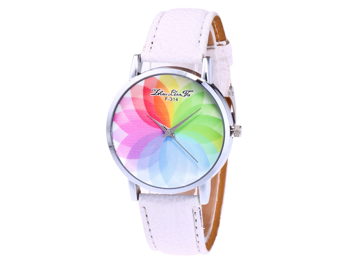 Relógio feminino de couro com pulseira moderna, mostrador redondo, quartzo, analógico branco.