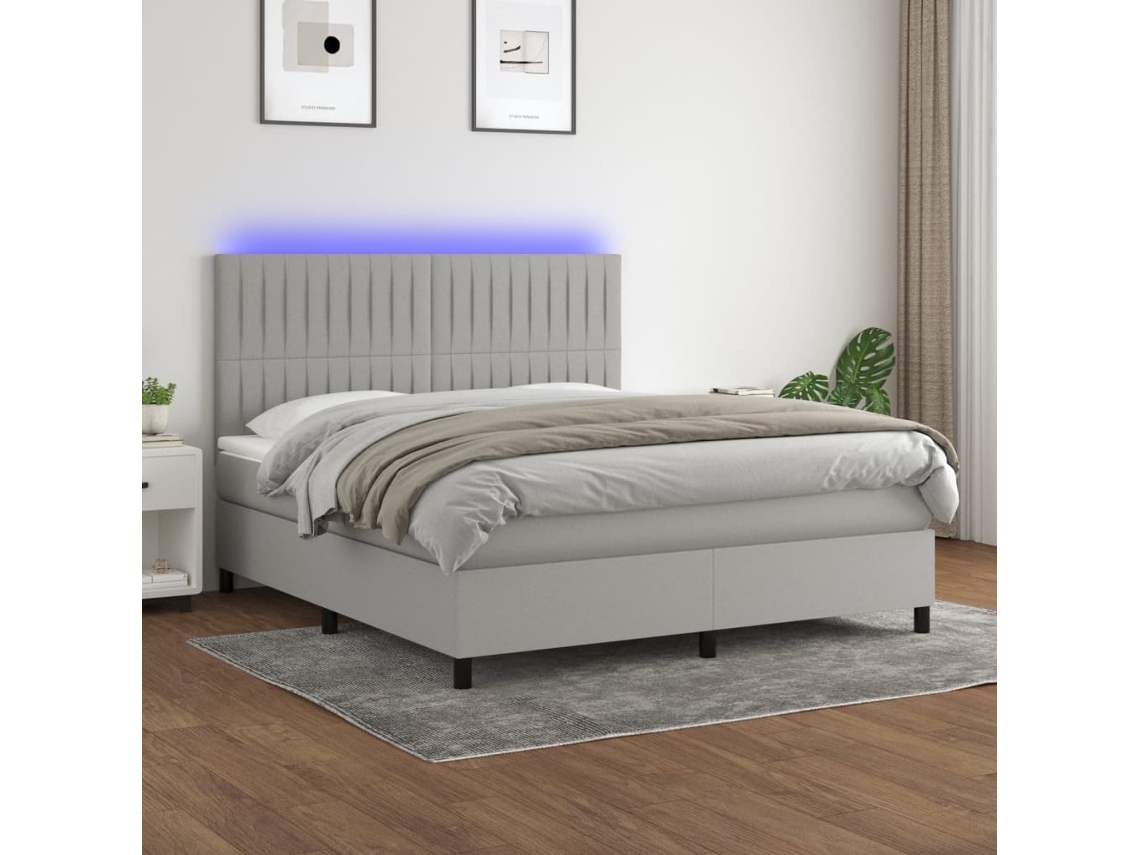 Vidaxl Cama Box Spring C/ Colchão E Led 180x200 Cm Tecido Cinza-claro