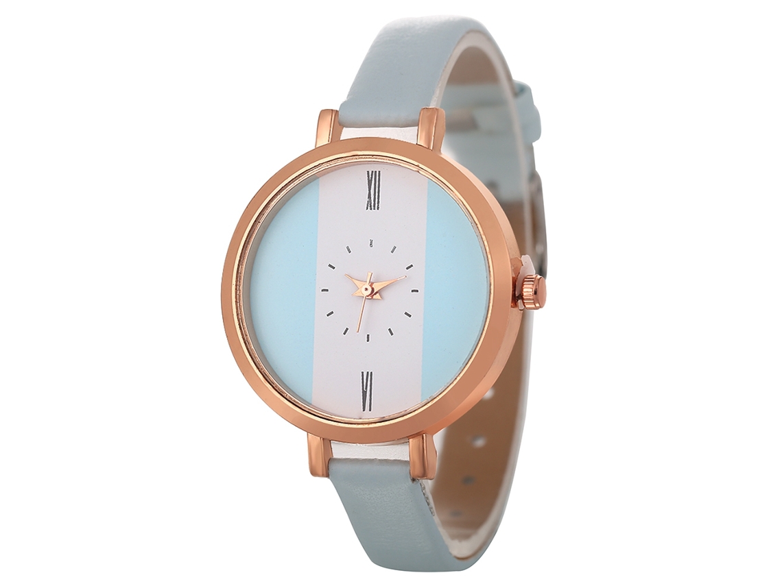 Relógio de Pulso Feminino Coreano Moda de Couro Azul Claro Analógico Quartzo Redondo