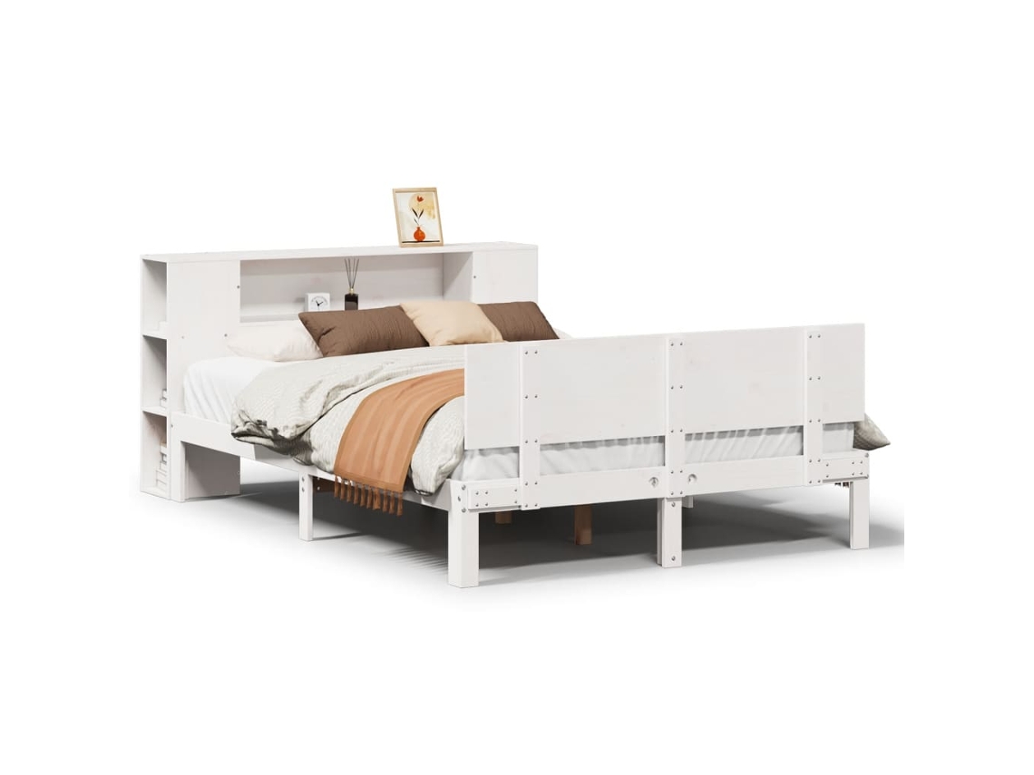 Cama com Estante Pinho Maciço Branco MAISON EXCLUSIVE (150x200 cm)
