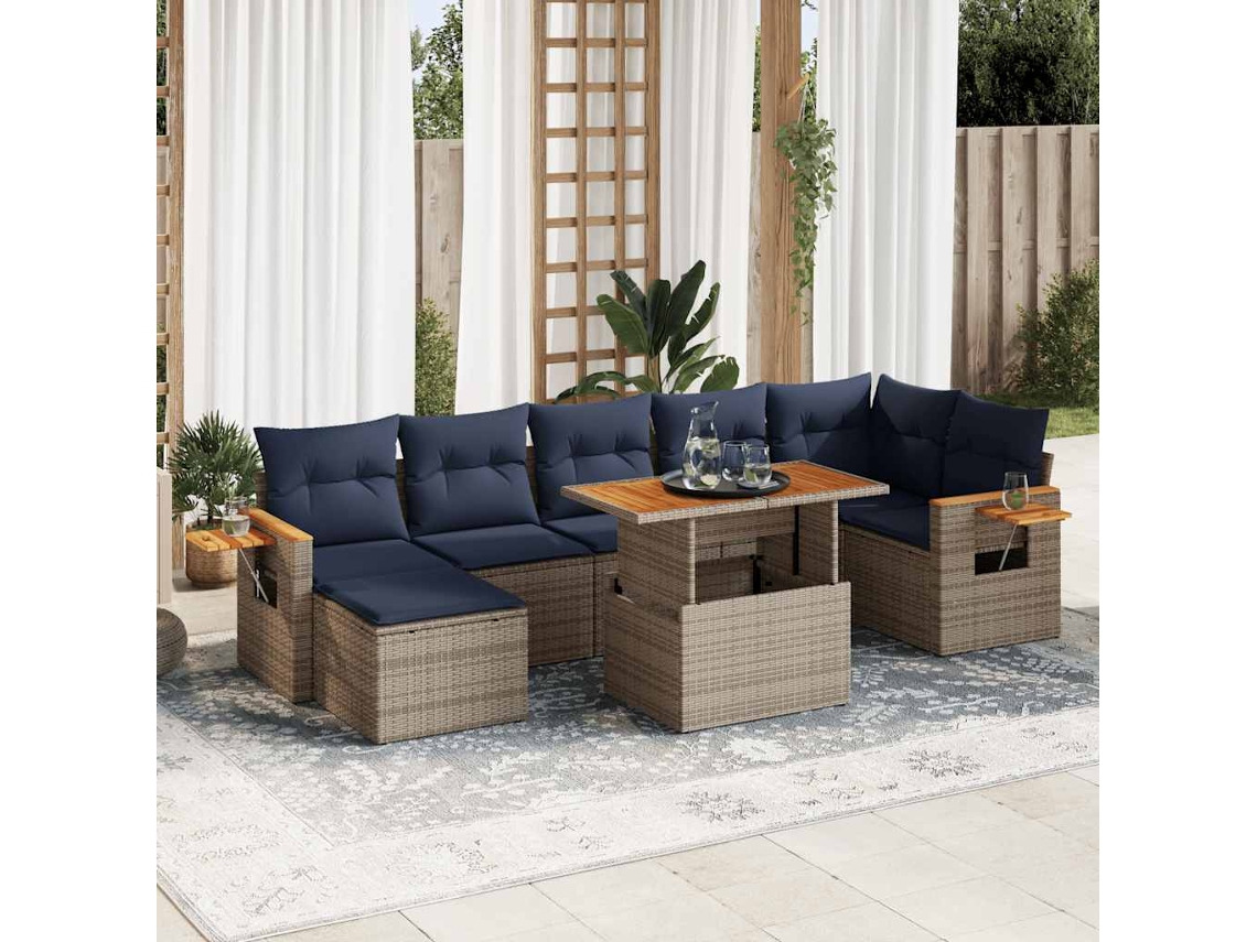 Vidaxl 8 Pcs Conj. Sofás Jardim C/ Almofadões Vime Pe/acácia Castanho