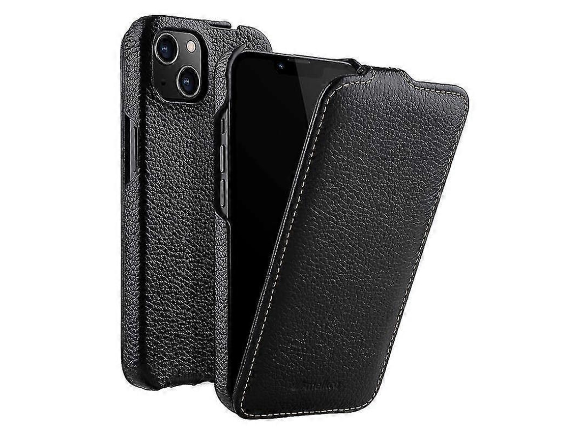 Capa de Couro Legítimo com Textura de Lichia e Flip Vertical para Iphone 14 Preta BRILVIBERA (couro Bovino + Revestimento de Policarbonato)
