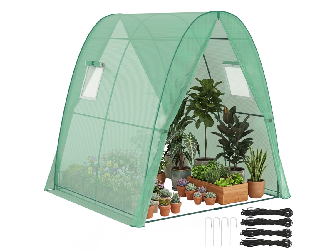 Abrigo De Jardim Em Arco Com Sacos De Areia E Cobertura De Plástico, 2 Portas De Enrolar, Janelas De Tela, Portátil, 1,8 X 1,8 X 2 M, Verde
