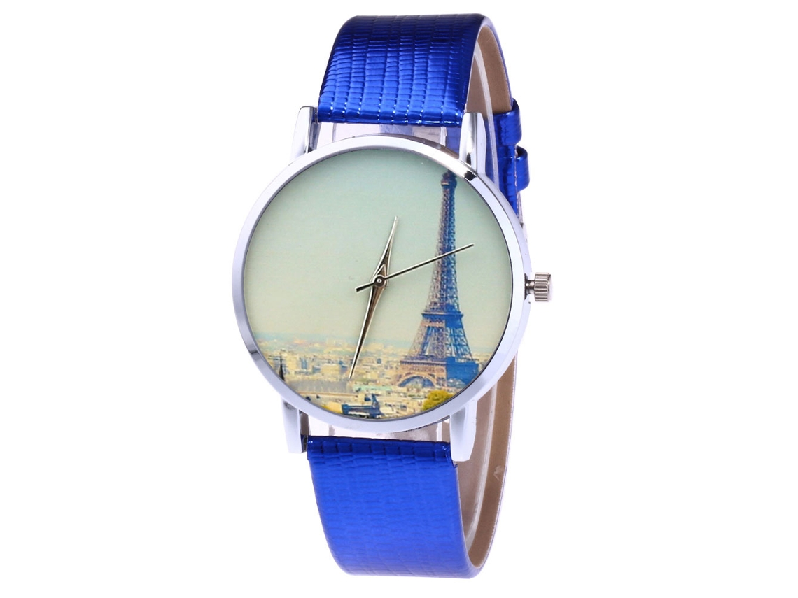 Relógio de pulso unissex de quartzo com pulseira de PU, Torre Eiffel T420-yx Azul