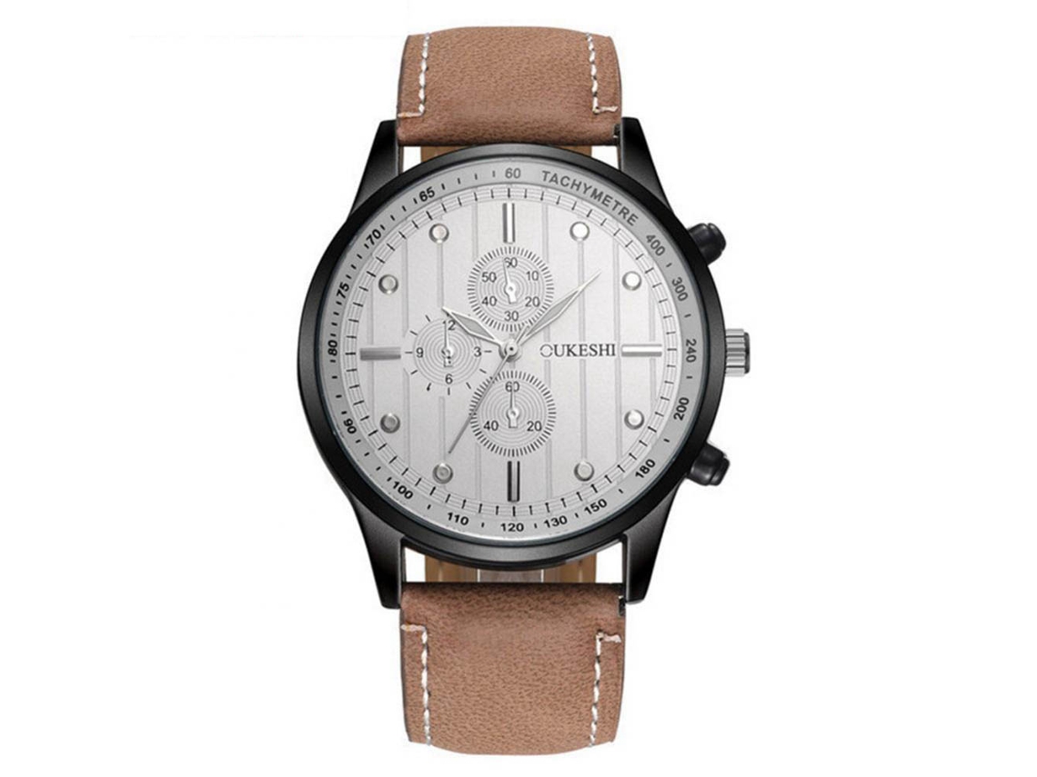 Relógio de Pulso para Homens em Couro Pu Analógico Quartzo com Display Simples (Branco Marrom)