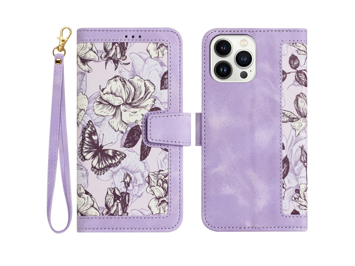 Capa Padrão Flores Para Iphone 15 Pro Max Pele Sintética Com Porta-cartões Multicor