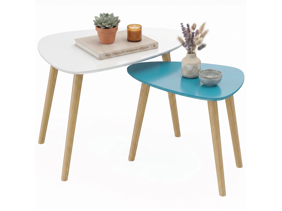 2 Mesas De Centro Gigognes Em Madeira De Pinho Com Tampo Triangular Branco E Azul Design Escandinavo