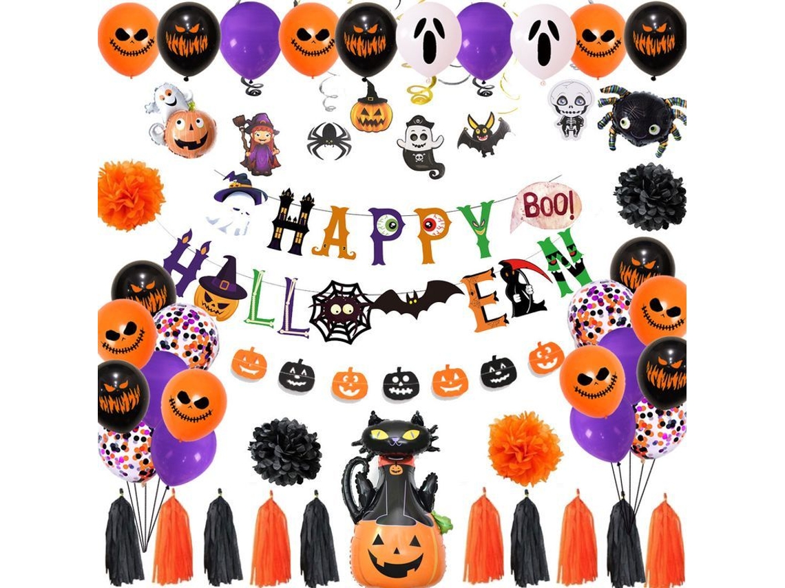 Kit de decoração de Halloween, 60 peças: balões, morcegos 3D, teia de aranha, bandeira S/MARCA