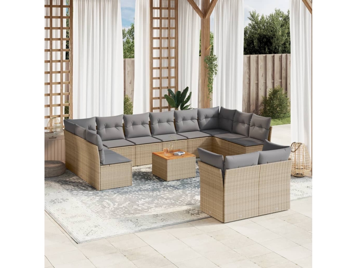 13 Pcs Conjunto De Sofás P/ Jardim Com Almofadões Vime Pe Bege Dkd Home Decor