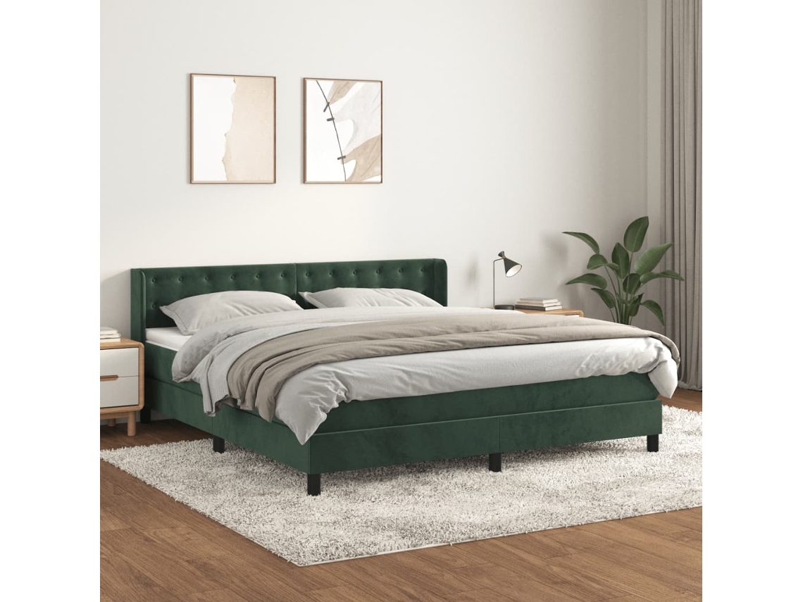 Cama Com Molas/colchão 160x200 Cm Veludo Verde-escuro
