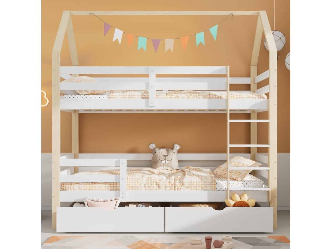 Cama Infantil 90x200 - Cama Em Forma De Casa Com Gavetas Grandes, Dupla, Sem Colchão - Branco+madeira