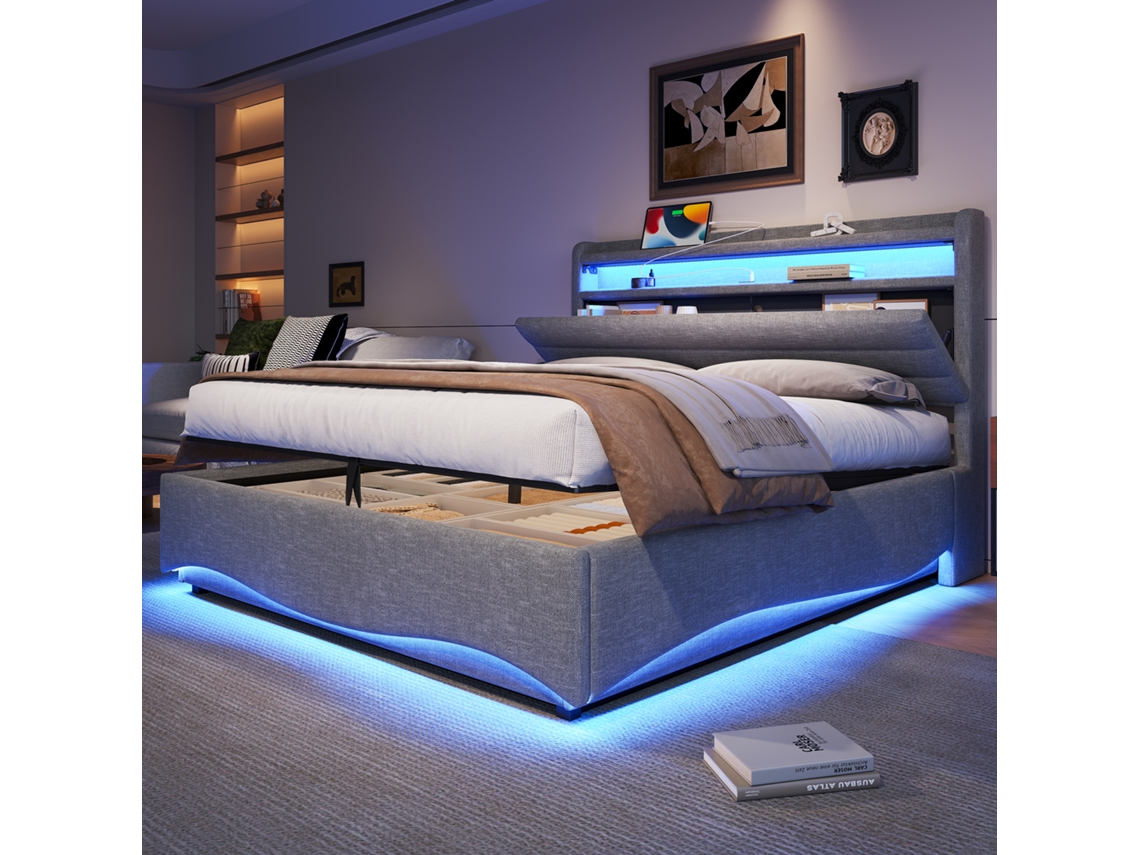 Cama Estofada Cinza 140x200 Led Usb c Hidráulica Integrada
