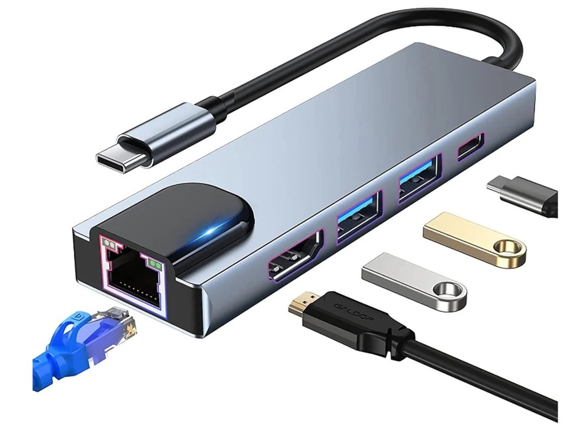 Adaptador Usb C Hub Multiport 5 Em 1 Usb C Docking Station Com 4k Hdmi Rj45 Ethernet Usb3.0 100w Pd Sliver Bestvite
