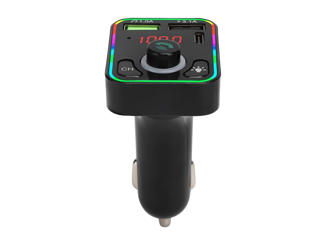Carregador de Carro Bluetooth 5.0 FM Transmissor MP3 com Luz Ambiente e USB Duplo