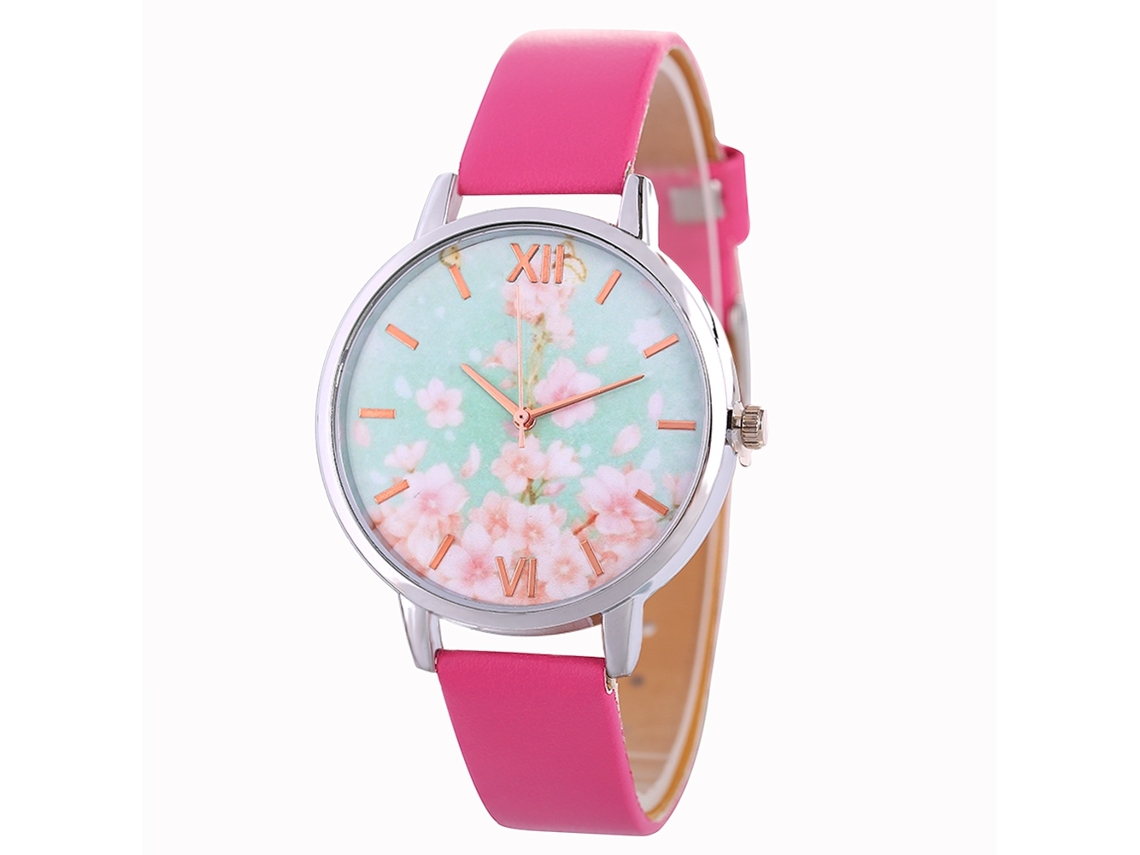 Relógio de Pulso Feminino de Quartzo com Pulseira de Couro Pu Estilo Leisure (vermelho Rosa)