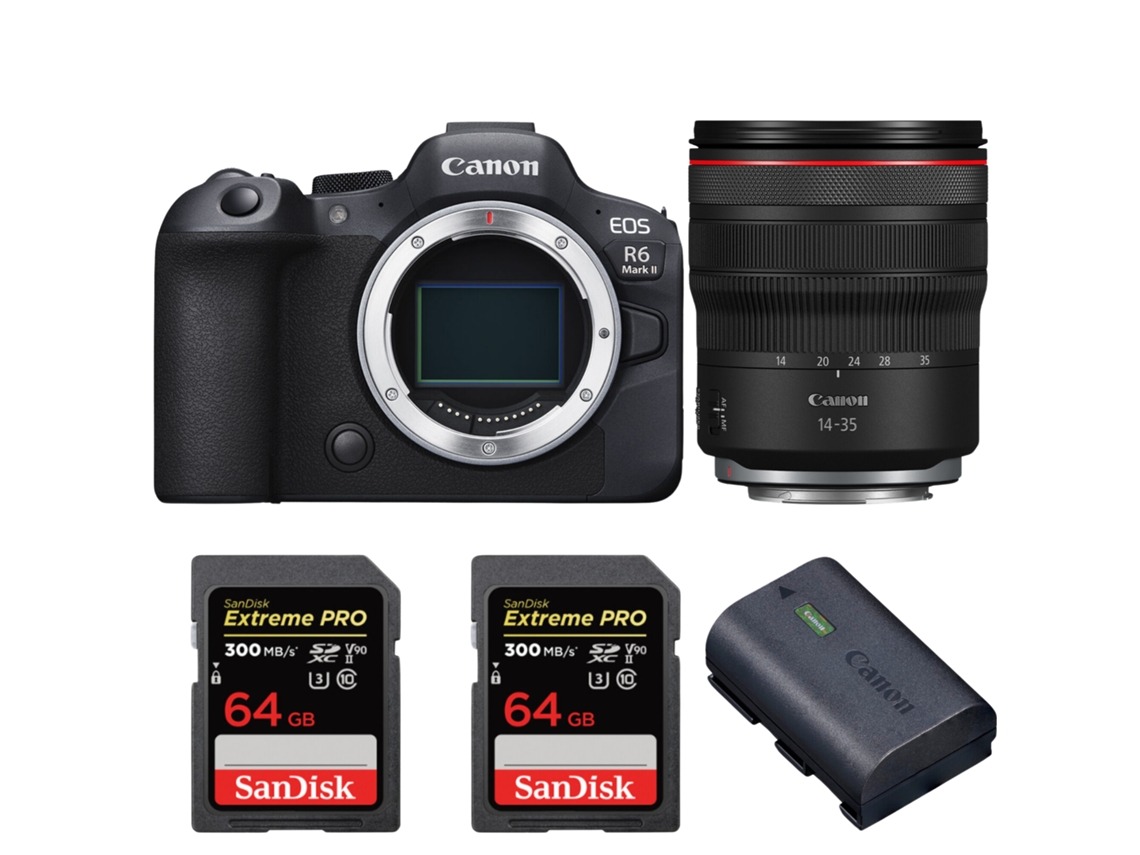 Eos R6 Mark Ii + Rf 14 35mm F/4 L Is Usm + 2 Sandisk 64gb Uhs ii 300mb/s + 1 Canon Lp e6nh + Ebook “20 Dicas para Fotos Que Impressionam” CANON