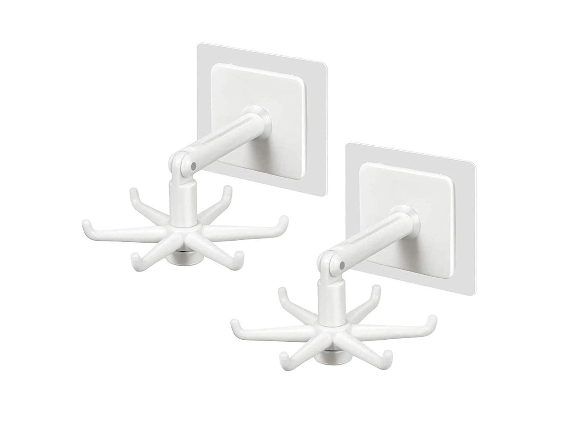 Conjunto 2 Ganchos de Parede Brancos para Cozinha, Suporte 360° Dobrável Adesivo Sem Furo, 6 Ganchos, Ideal Cozinha Banheiro Armário