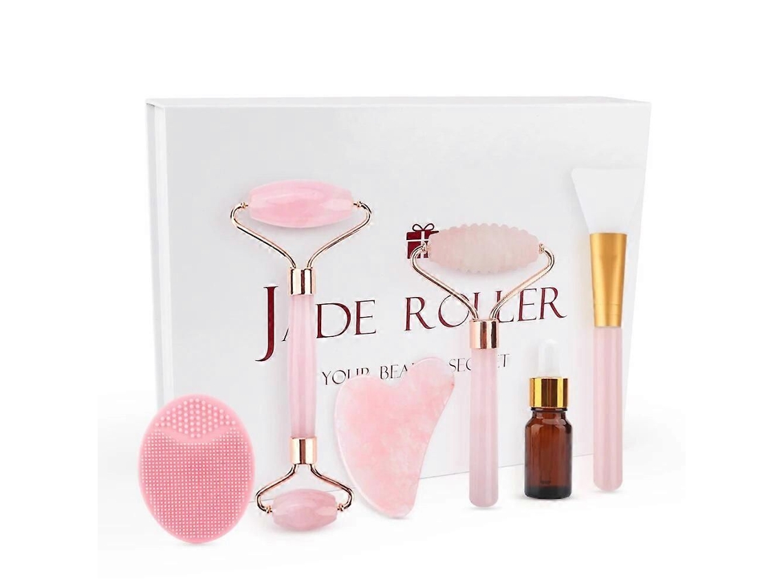 Conjunto de Rolo Jade e Gua Sha com Massageador Facial Quartzo Rosa 6 em 1, Caixa Presente, para Cuidados a Pele Beleza. GOKOCO