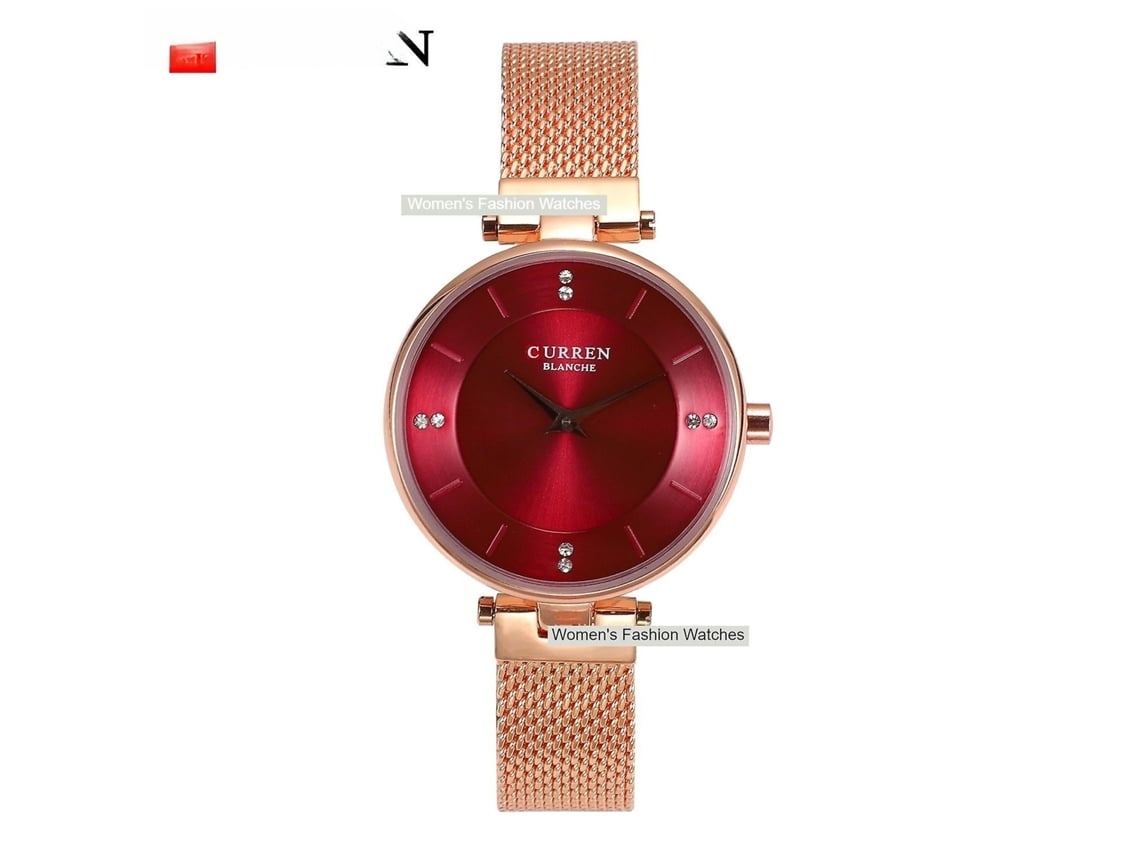 Relógio de Pulso de Quartzo de Lazer Impermeável de Banda de Aço Inoxidável para Mulher Shell Rosa Vermelho