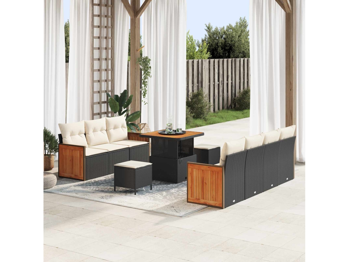 Vidaxl Conjunto De Sofá De Jardim Com Almofada 10 Pcs Preto E Creme