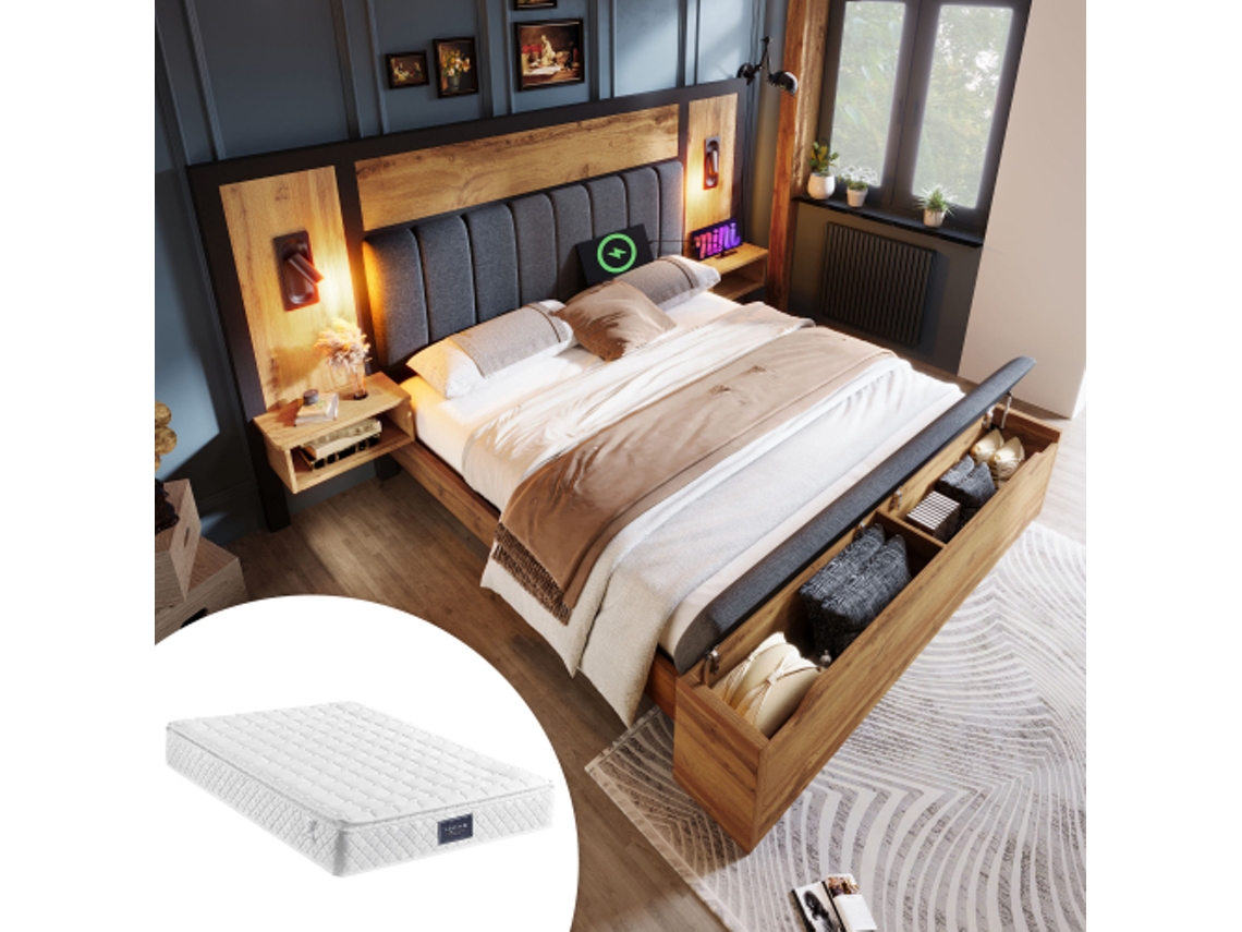 Cama de Casal LYYTUNG de Madeira e Metal com Amplo Espaço de Armazenamento (sem colchão)