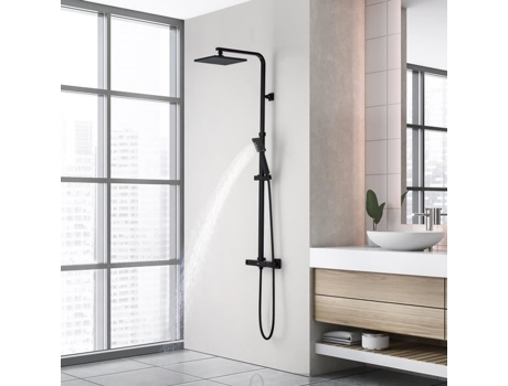 Coluna de Chuveiro com Misturador Termostático de 2 Funções Conjunto de Chuveiro de Latão Preto Alto Ajustável 110-137 Cm AURALUM MAX