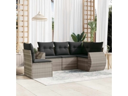 Vidaxl 5 Pcs Conj. Sofás Jardim C/ Almofadões Vime Pe Cinzento-claro