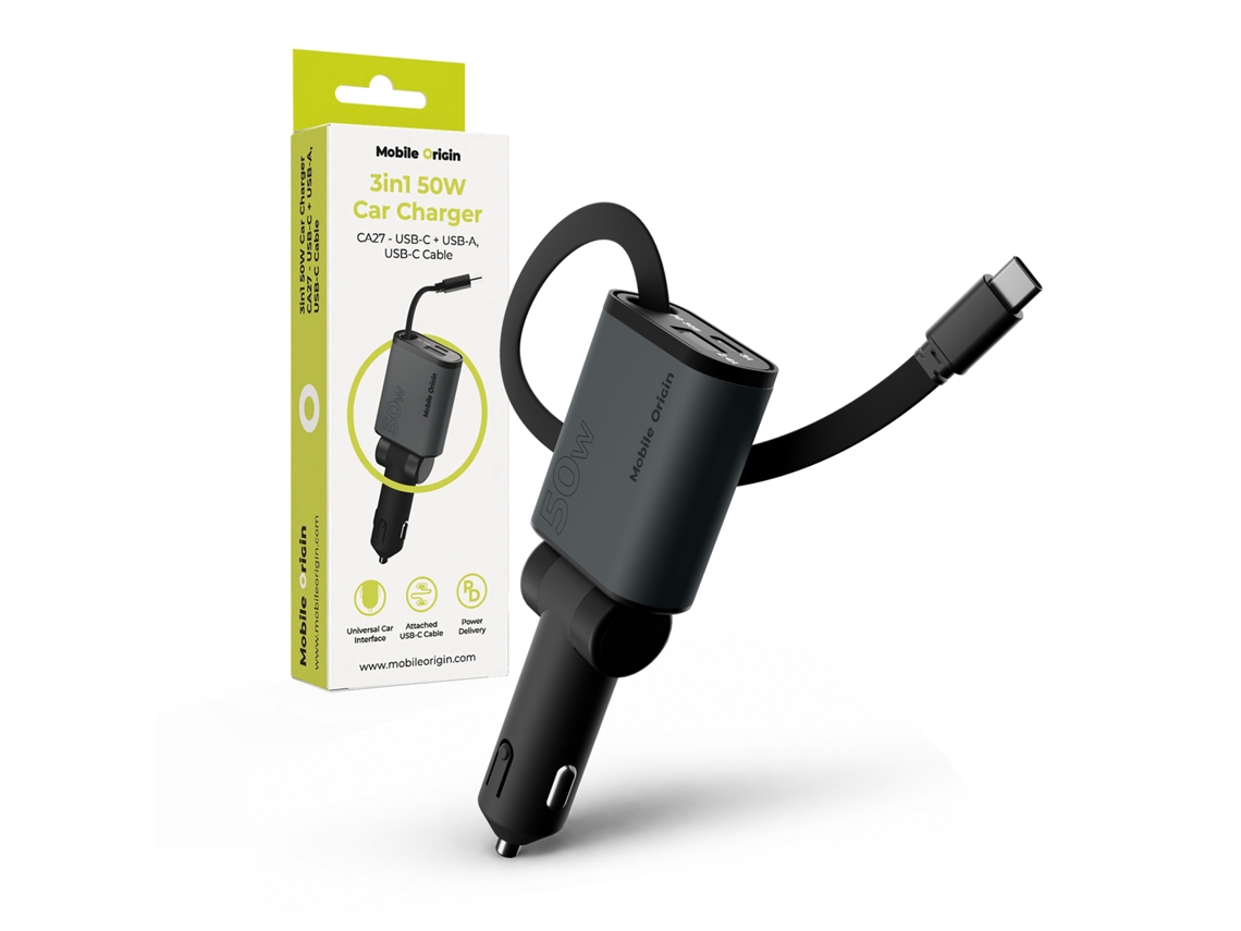 Carregador Veicular MOBILE ORIGIN 3 em 1, 50 W, Usb c para Celular