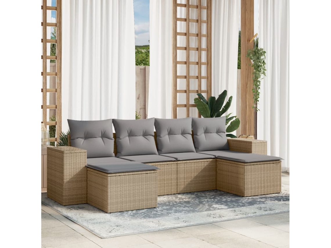 Vidaxl 6 Pcs Conjunto De Sofás P/ Jardim Com Almofadões Vime Pe Bege