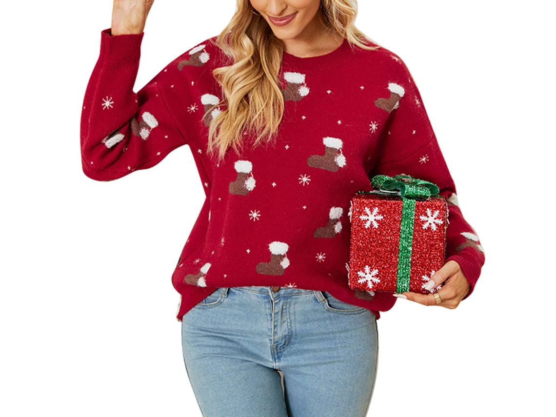 Laxiscreed Suéter De Malha Com Decote Red Jacquard, Manga Longa, Ideal Para Festas Femininas M