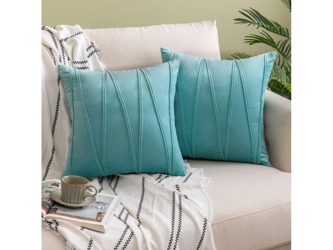 Funda De Almohada De Terciopelo Rayado Decorativa 2 Piezas 45x45cm Verde Agua Para Sofá Cama Coche Sala
