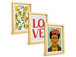 Conjunto De Pinturaslimões, Amor, Retrato De Frida Kahlo Moldura Dourada Quadros Para A Sala De Estar Espelharte (3 Peças 20x30 Cm)