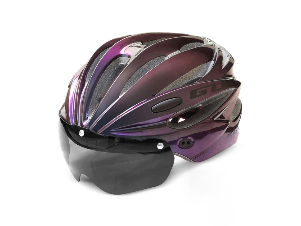 Capacete De Bicicleta (cor: Roxo Degradê), Com Viseira Solar E Óculos De Proteção.