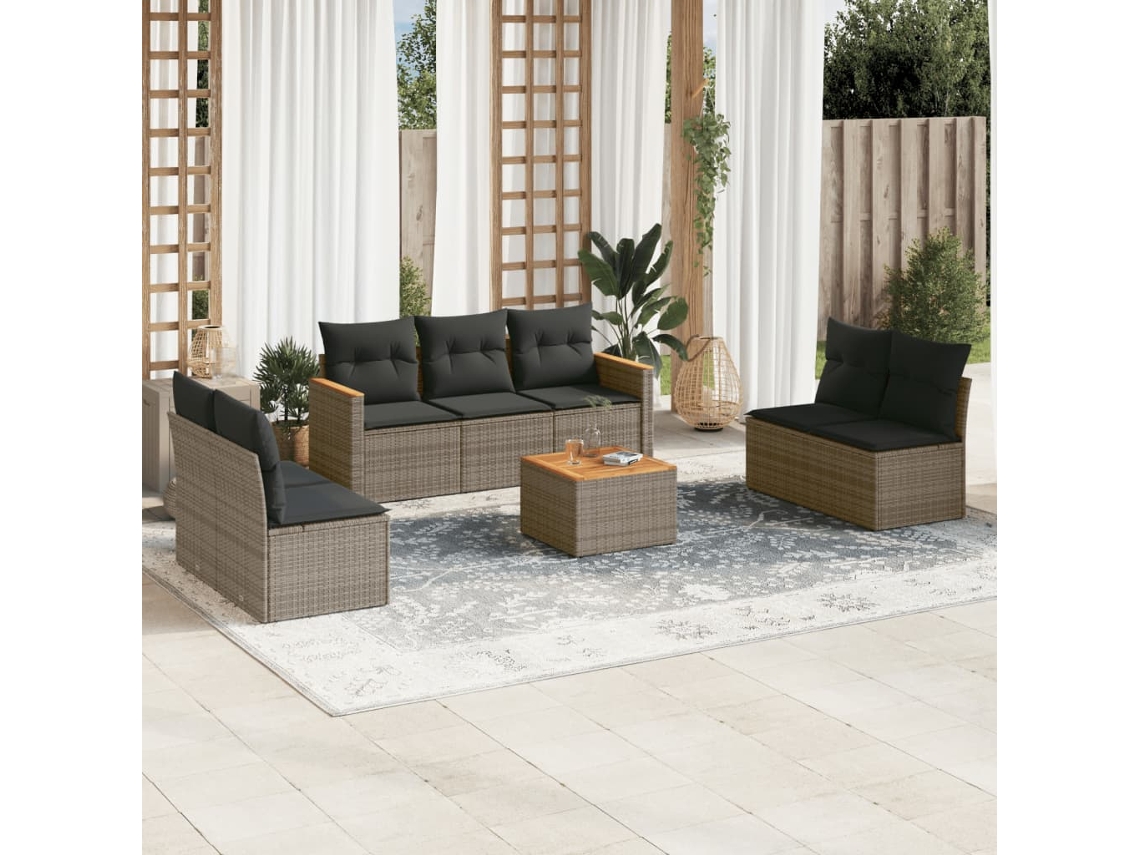 Vidaxl 8 Pcs Conjunto Sofás De Jardim C/ Almofadões Vime Pe Cinzento