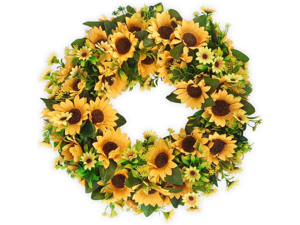 Guirlanda Artificial de Girassóis 45 Cm, Grande, Redonda, com Flores e Folhas Verdes, para o Verão e Outono BRILVIBERA