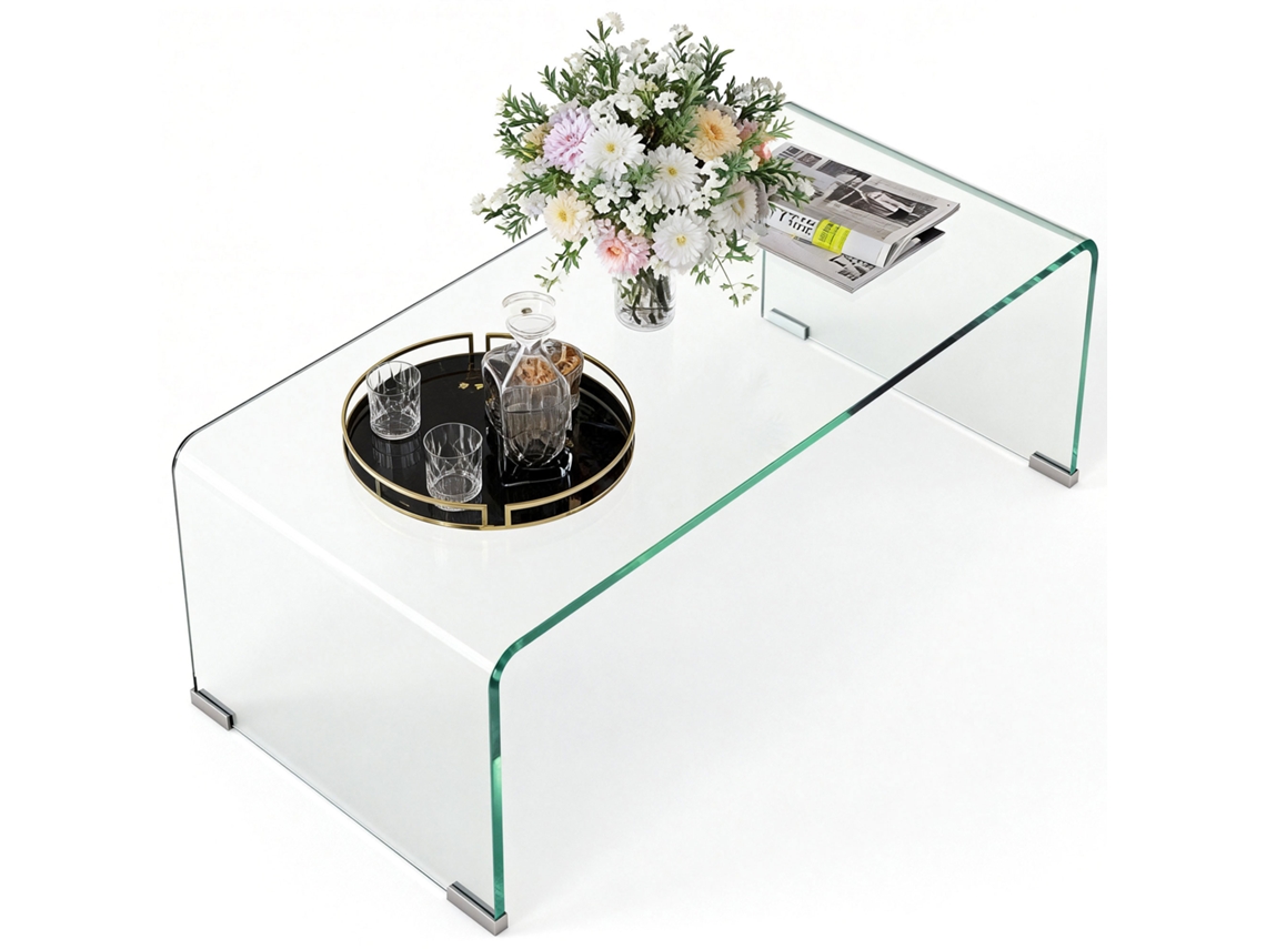 Mesa Centro Estável Em Vidro, Design Monobloco, 80x45x35 Cm, Transparente