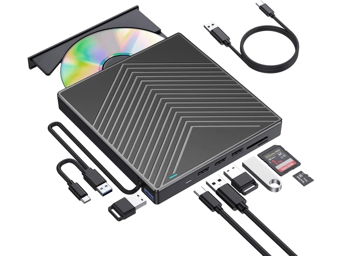 Unidade Externa De Cd/dvd/rw Com Leitor De Cartão Sd E Portas Usb 3.0/2.0 Para Laptops Mac E Computadores Windows.