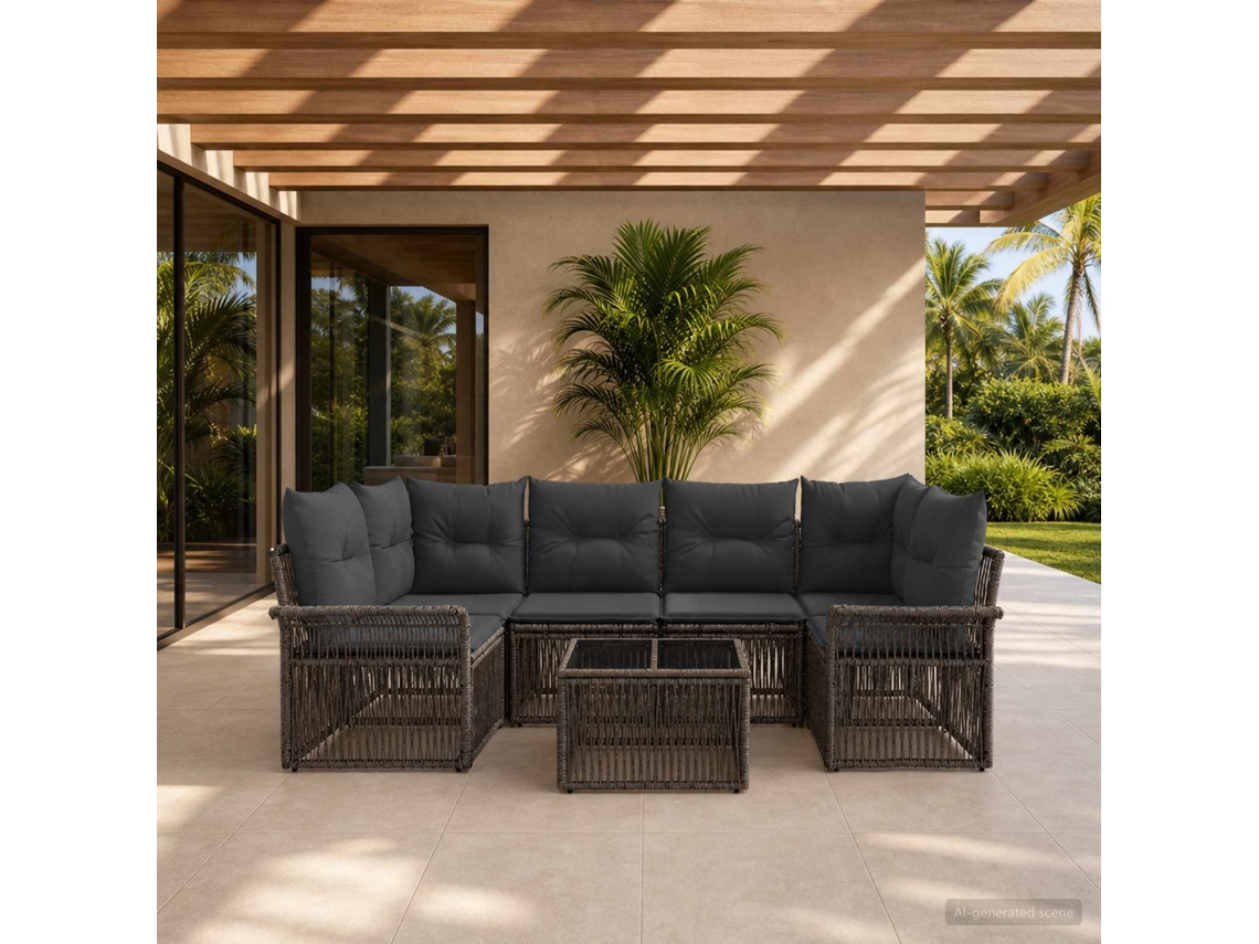 Vidaxl Conjunto De Sofá De Jardim 7 Unid. Cinzento Vime Pe