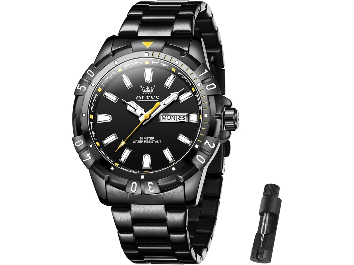 Lurelia Relógio Masculino, Modelo 9988, Movimento De Quartzo, Data/calendário, Detalhes Com Strass, Aço Inoxidável, Preto