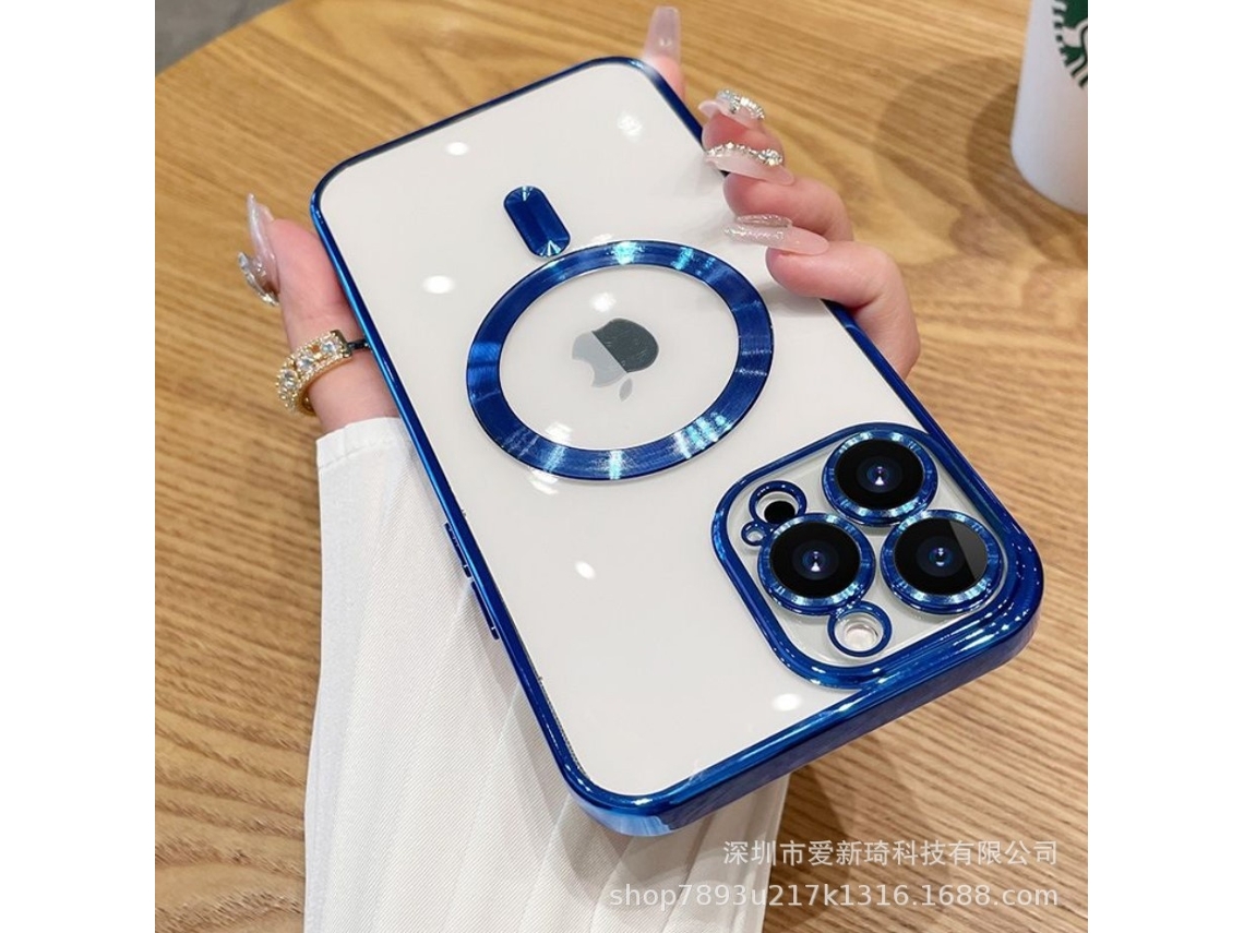 Capa Para Iphone 17 Pro Azul Marinho Com Revestimento Eletroplástico, Transparente, Magnética E Com Proteção Macia Para A Lente.