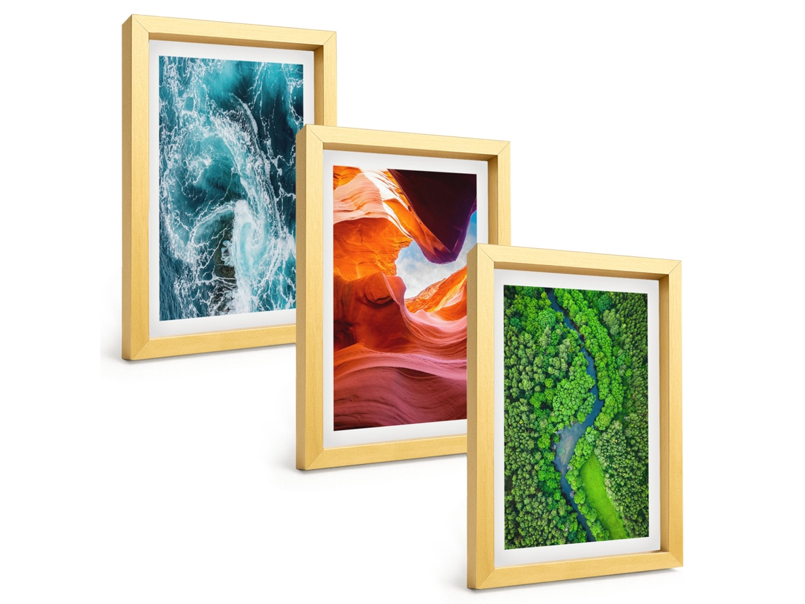 Quadros Decorativos Para Paredeágua, Movimento, Cânion, Verde, Floresta Moldura Dourada Pinturas De Quarto Espelharte (3 Peças 20x30 Cm)