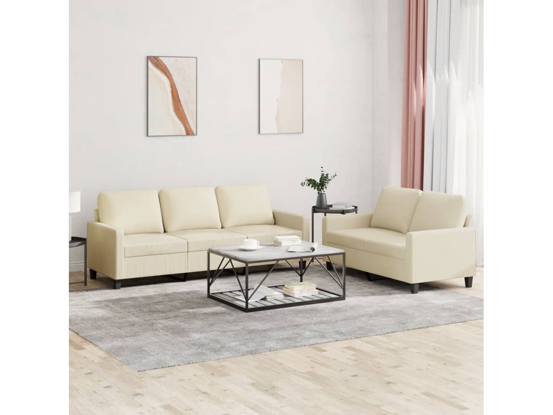 Vidaxl 2 Pcs Conjunto Sofás C/ Almofadões Couro Artificial Cor Creme