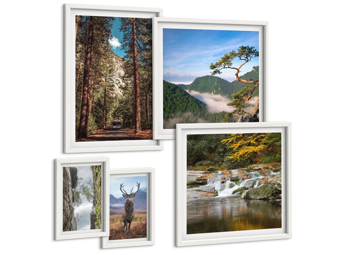 Galeria De Pinturas Murais Cachoeira, Floresta, Montanhas, Veado Natureza Moldura Branca Quadros Para O Escritório Espelharte (conjunto De 5 Imagens)