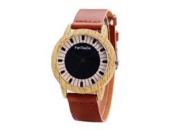 Relógio Fanteeda FD074 Quartz, Textura de Madeira, Mostrador Redondo, Aço Inoxidável Marrom Claro