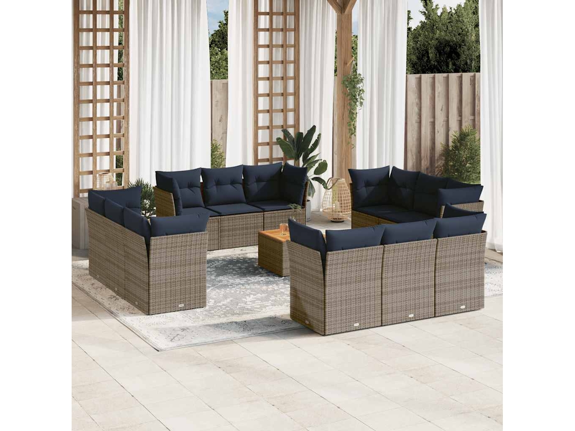 Vidaxl 13 Pcs Conjunto Sofás P/ Jardim C/ Almofadões Vime Pe Cinzento