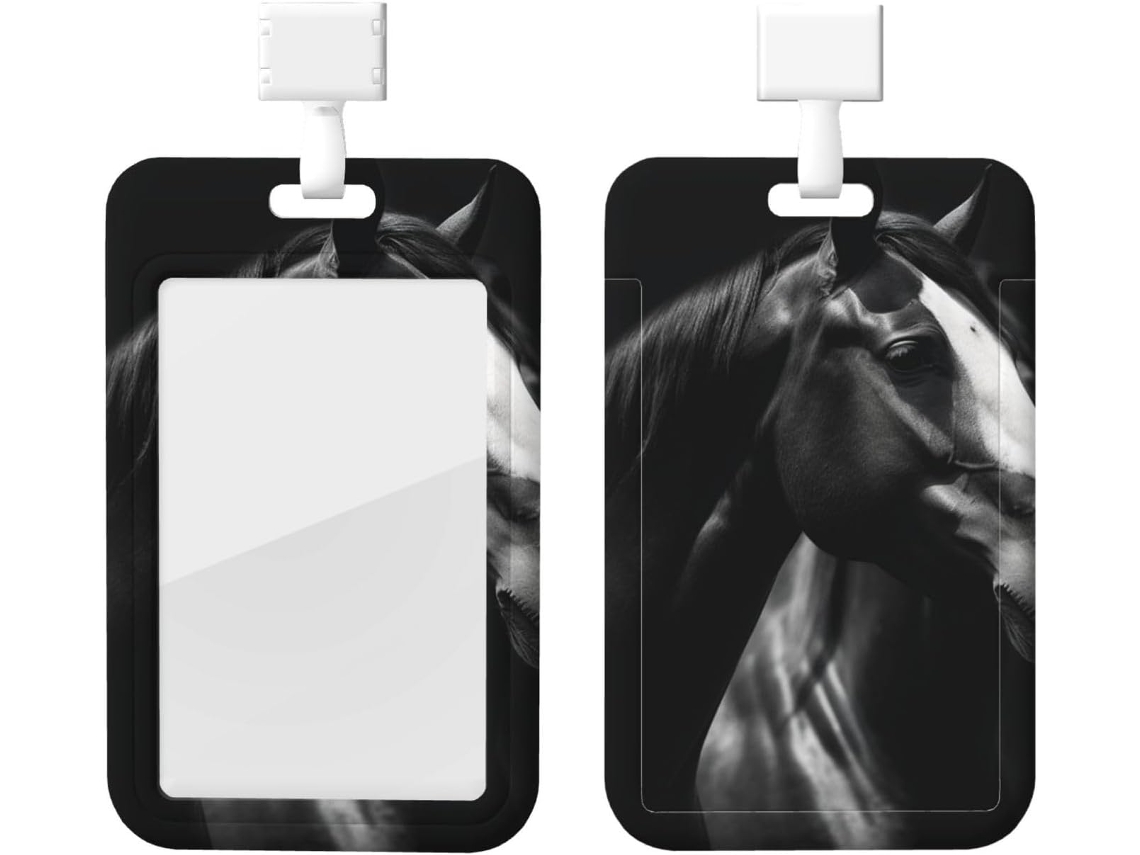 Porta-crachá com estampa de cavalo, preto e branco, com cordão, revestimento plástico impermeável, para cartões de identificação.