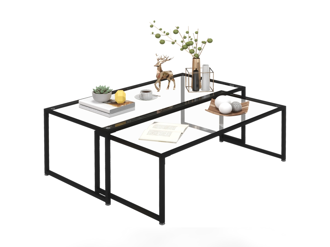 Conjunto de 2 Mesas de Centro Retangulares Design,aço Preto e Vidro Temperado BTFORUS
