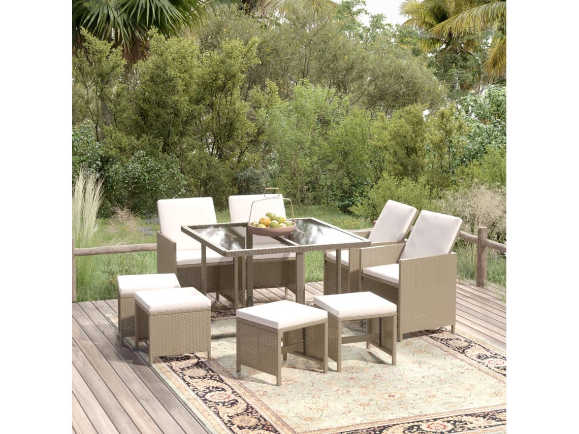 Vidaxl 9 Pcs Conjunto De Jantar P/ Jardim Com Almofadões Vime Pe Bege