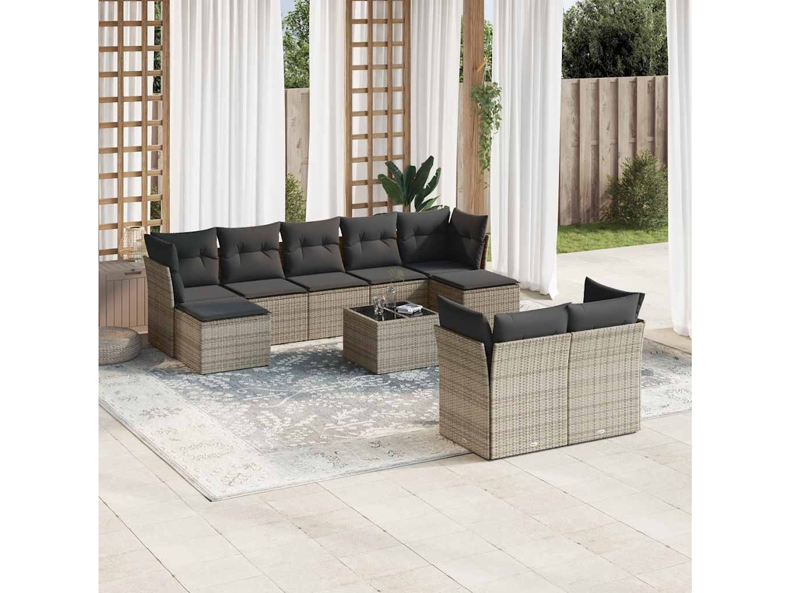 Vidaxl 10 Pcs Conjunto Sofás De Jardim C/ Almofadões Vime Pe Cinzento